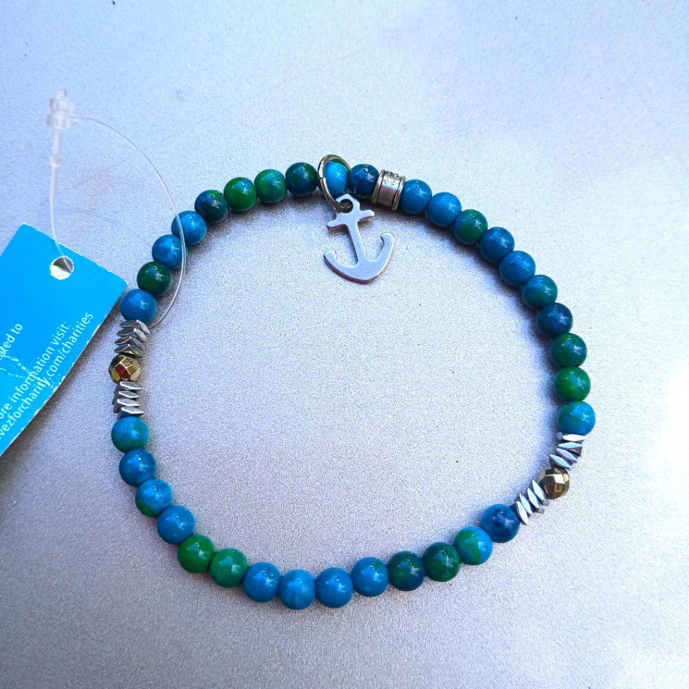 Anchor Blue & Green Stone Stretch On Bracelet By Chavez For Charity